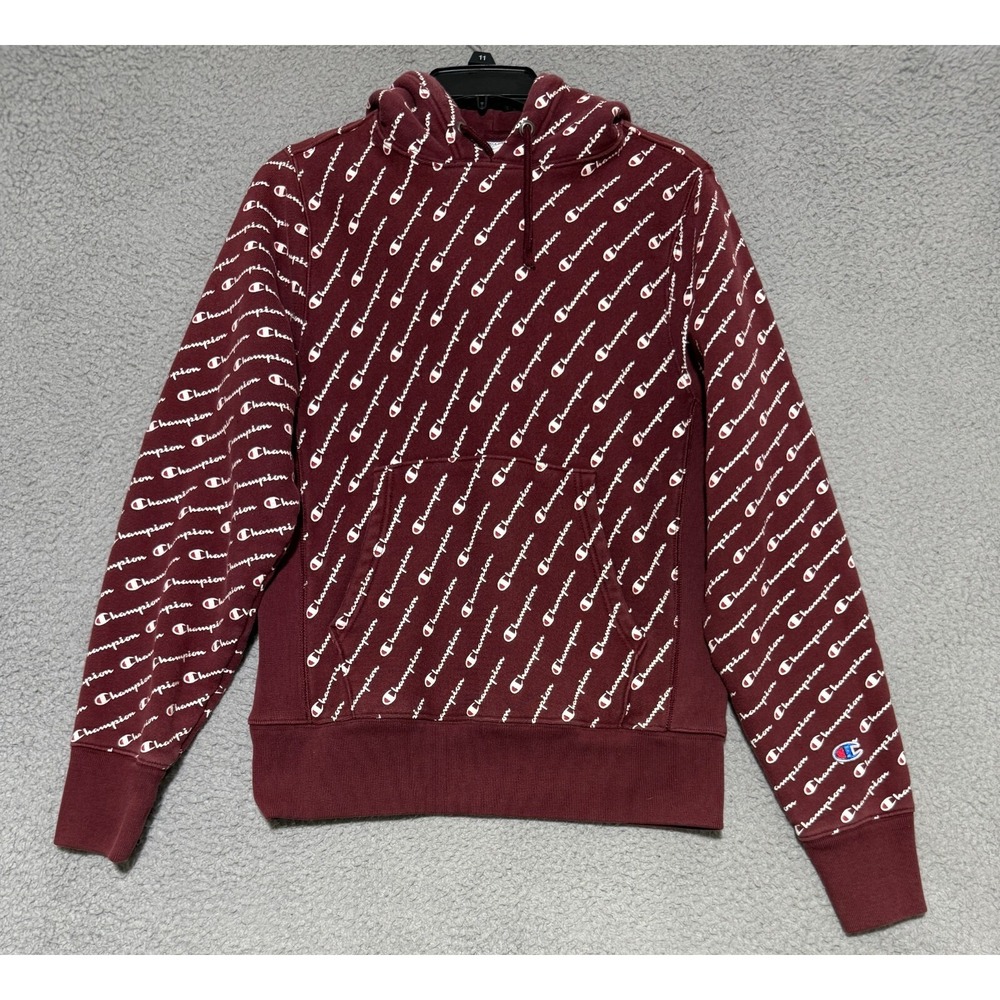 Champion Reverse Weave All Over Print Hoodie‎ Burgundy Size Small